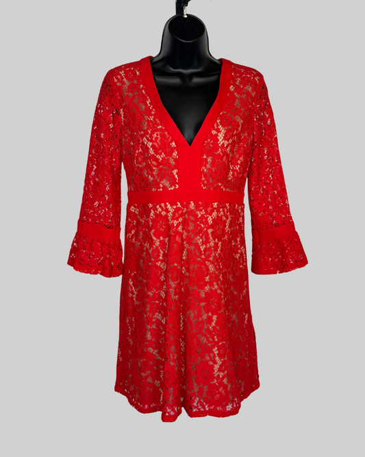 Charles Henry Red Floral Lace V-Neck 3/4 Bell Sleeve Knee-Length Dress NWT
