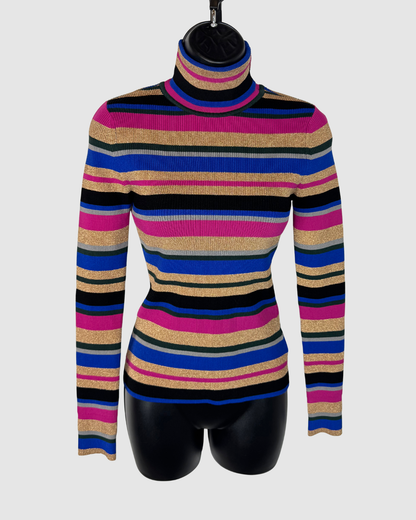 L'agence Multicolor Gold Stripe Turtleneck Long Sleeve Sweater
