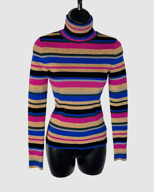 L'agence Multicolor Gold Stripe Turtleneck Long Sleeve Sweater