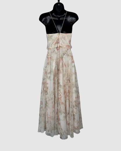 Jenny Yoo White Pink Floral Sleeveless V-Neck X-Back Maxi Dress