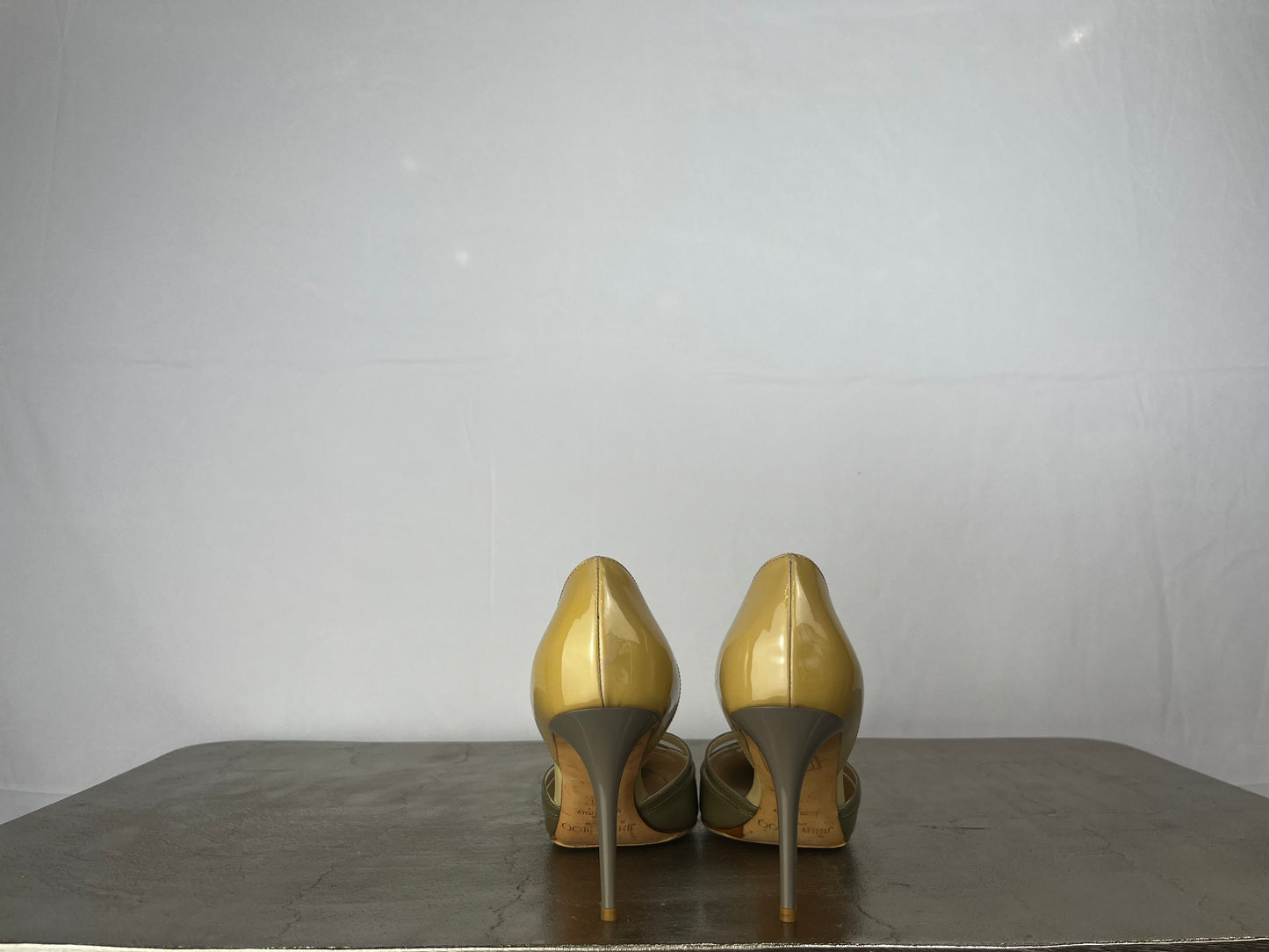 Jimmy Choo Sage Green & Beige Yellow Colorblock Pointed Toe Cross Strap Pumps