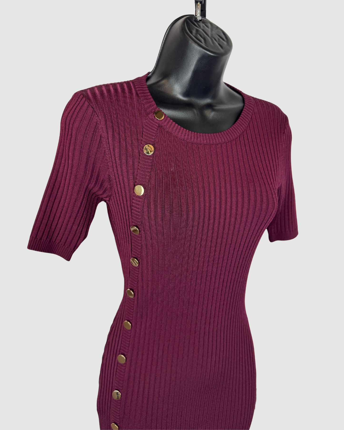 Dress The Population Burgundy Ribbed Gold Stud Short Sleeve Fitted Knee-Length Dress