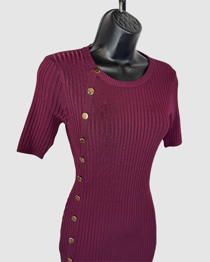 Dress The Population Burgundy Ribbed Gold Stud Short Sleeve Fitted Knee-Length Dress