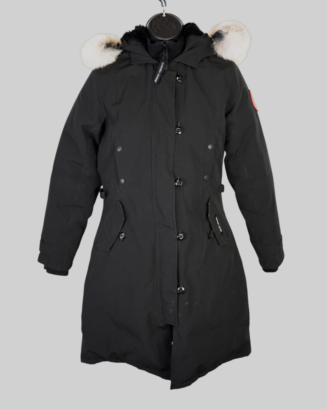 Canada Goose Black Quilted Mid-Length Coat w white Fur Hood