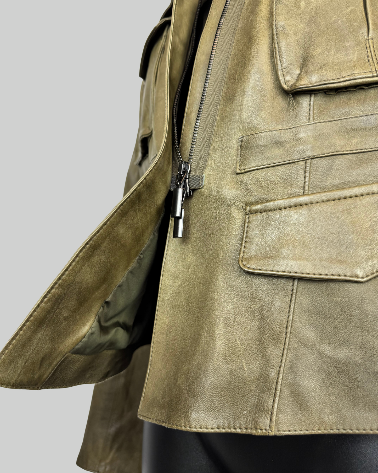 Roncarati Army Green Leather Cropped Jacket