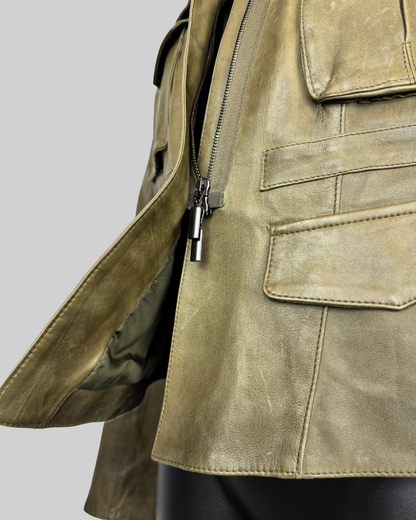 Roncarati Army Green Leather Cropped Jacket