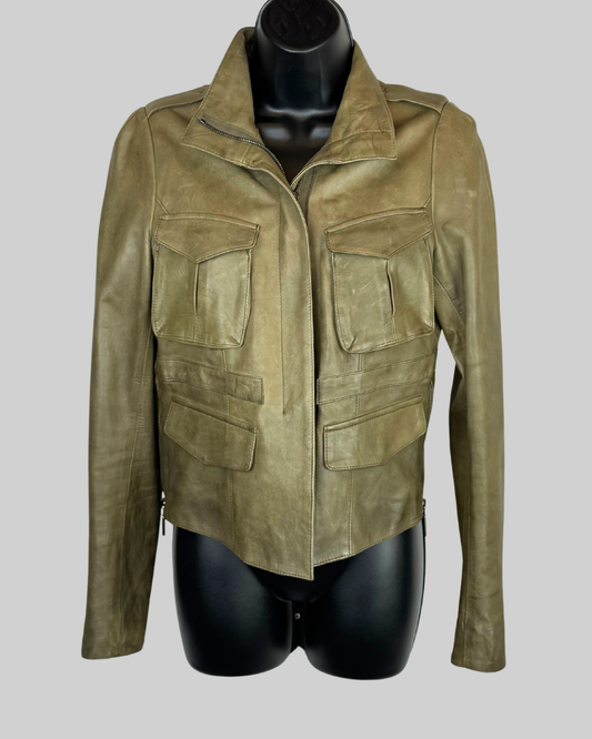 Roncarati Army Green Leather Cropped Jacket