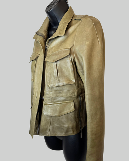 Roncarati Army Green Leather Cropped Jacket
