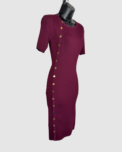 Dress The Population Burgundy Ribbed Gold Stud Short Sleeve Fitted Knee-Length Dress