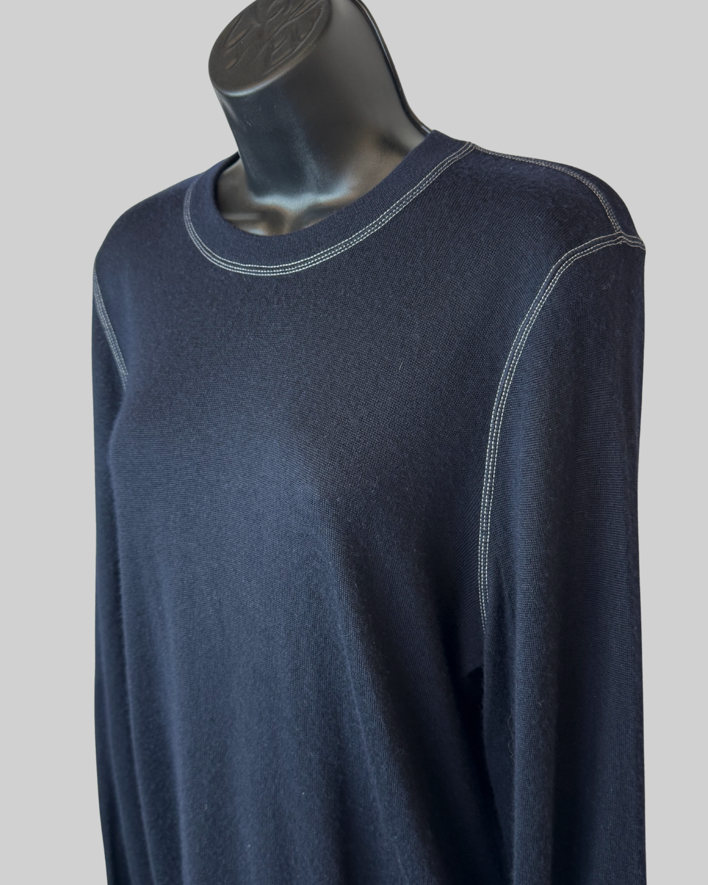 Brunello Cucinelli Cashmere Navy Crew Neck Sweater w/ White Stitching