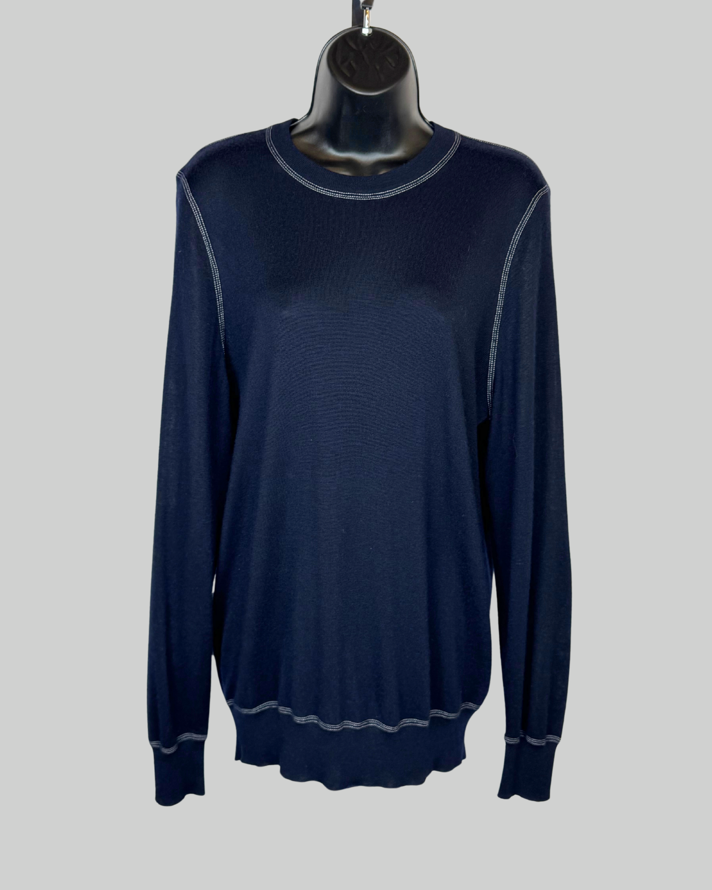 Brunello Cucinelli Cashmere Navy Crew Neck Sweater w/ White Stitching