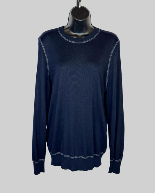 Brunello Cucinelli Cashmere Navy Crew Neck Sweater w/ White Stitching