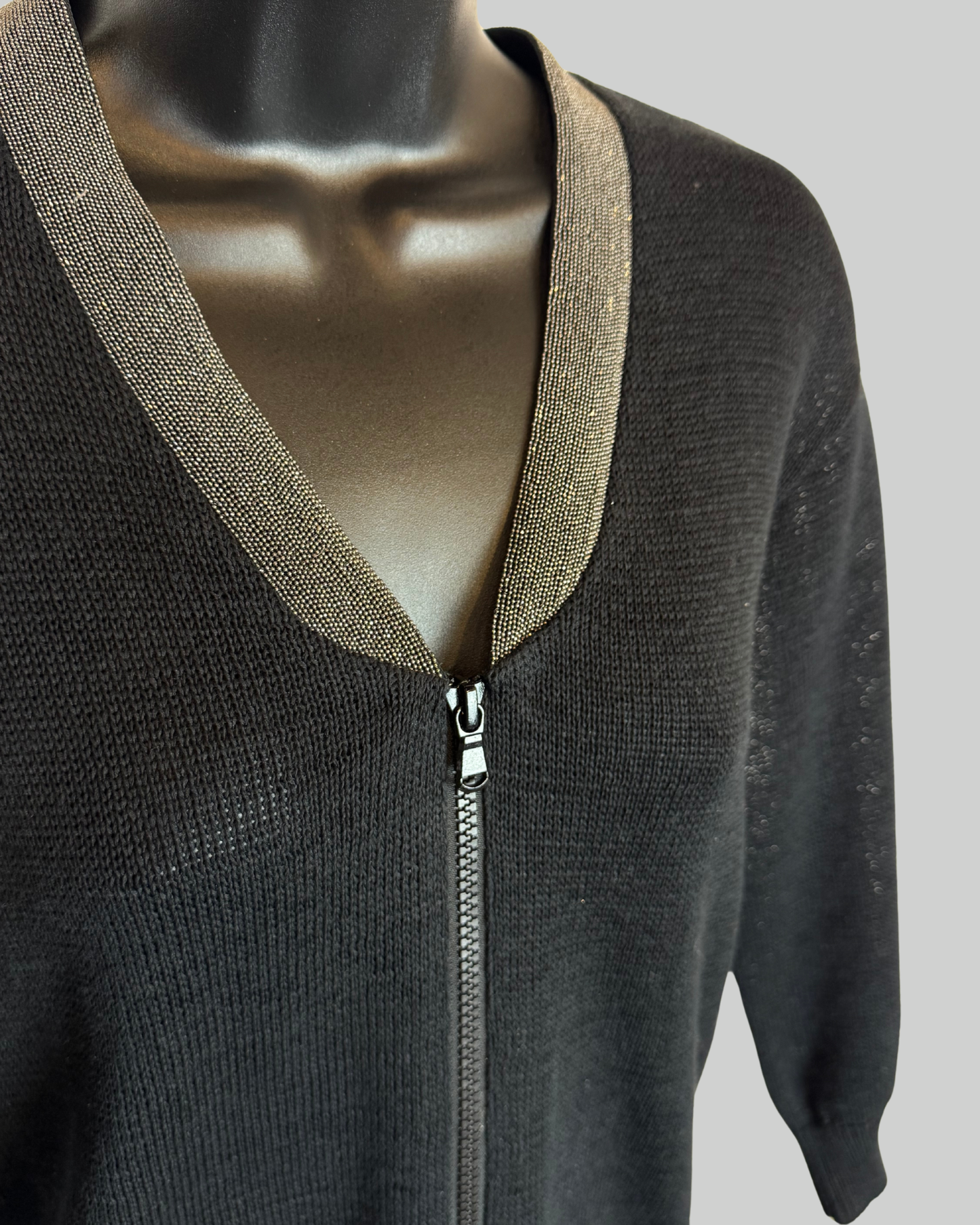 Brunello Cucinelli Black Knit Sig Beading Neck-Line 3/4 Sleeve Zip Up Sweater