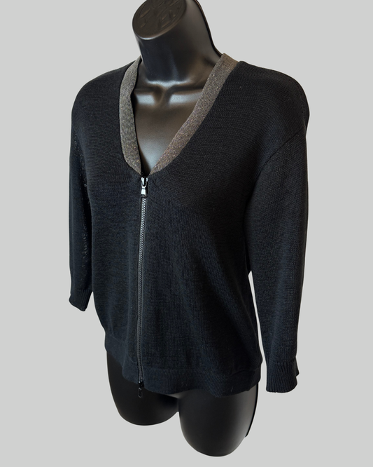 Brunello Cucinelli Black Knit Sig Beading Neck-Line 3/4 Sleeve Zip Up Sweater
