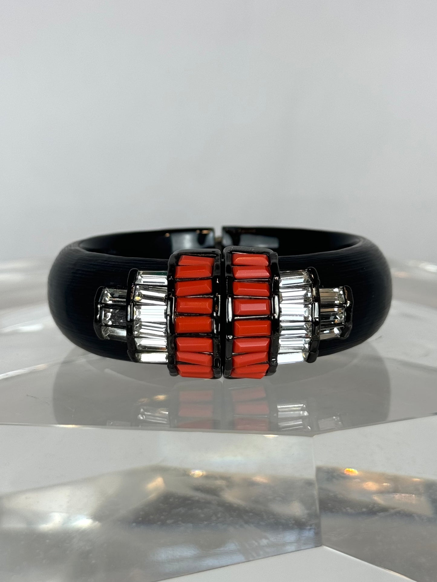 Alexis Bittar Black Matte Salmon Crystal Beaded Magnetic Bangle Bracelet