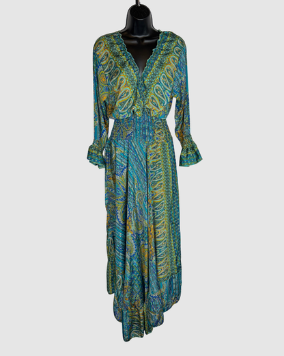 Luisa Silk Turquoise Orange Teal Paisley Ruffle Cinched Long Sleeve Maxi Dress