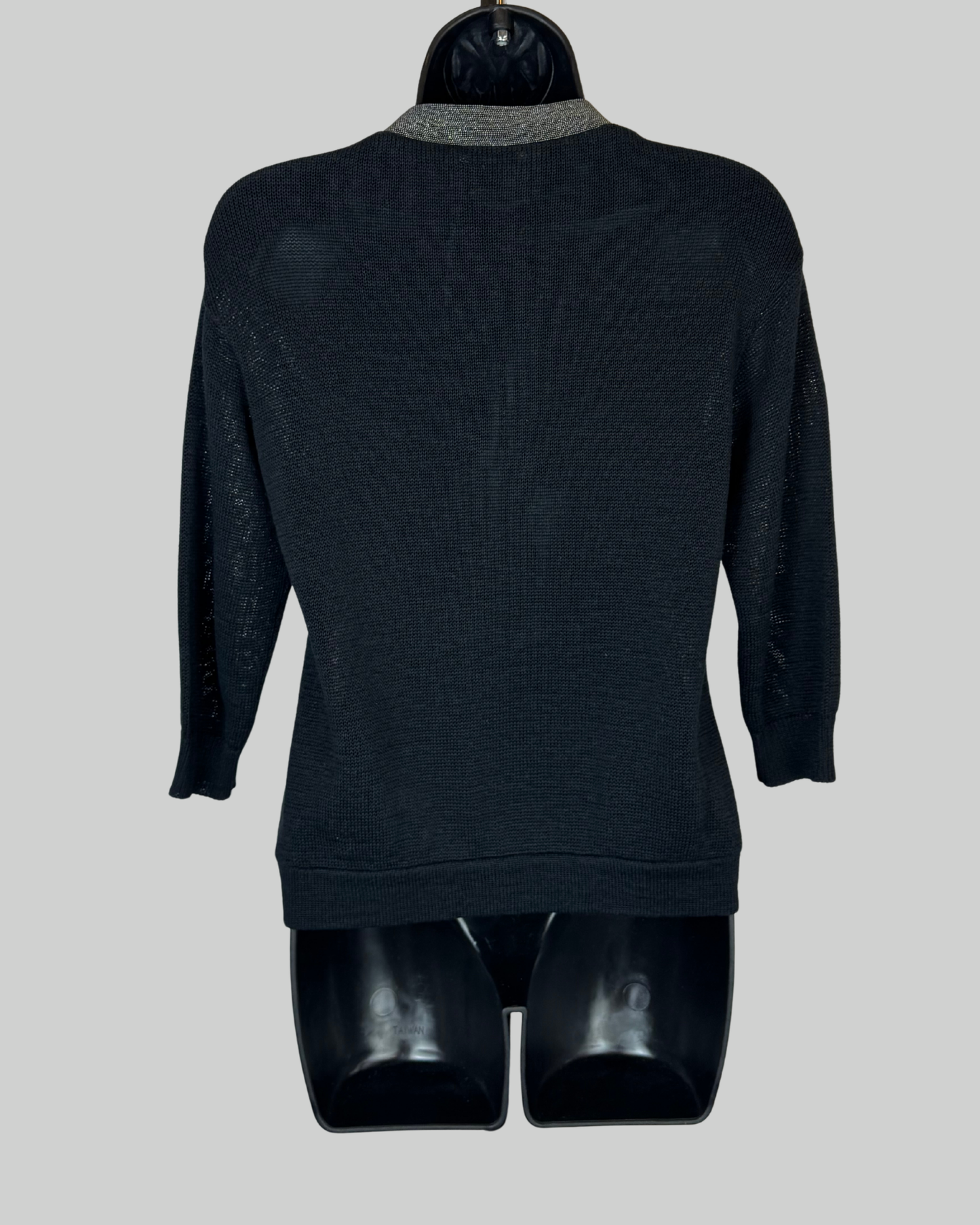 Brunello Cucinelli Black Knit Sig Beading Neck-Line 3/4 Sleeve Zip Up Sweater