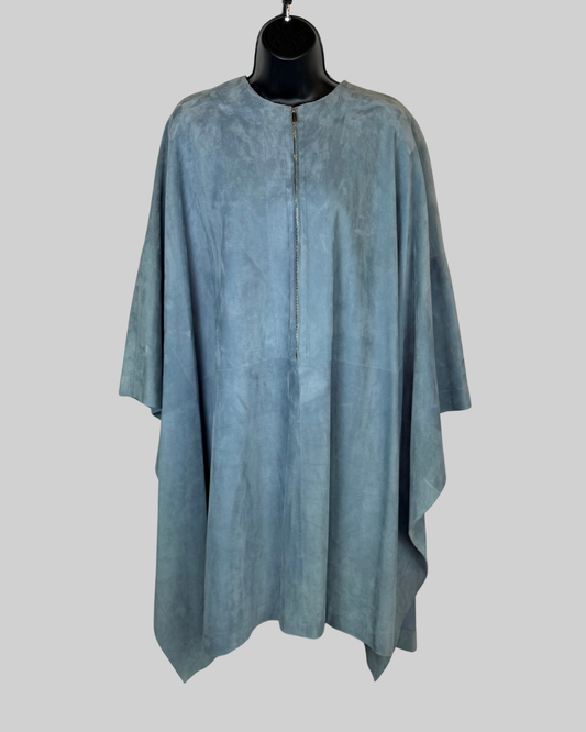 The Row Calfskin Suede Sky Blue Zip-Neck Poncho/Cape
