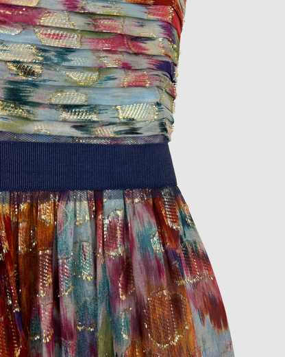 BCBGMaxazria Silk Multicolor Metallic One Shoulder Pleated Maxi Dress