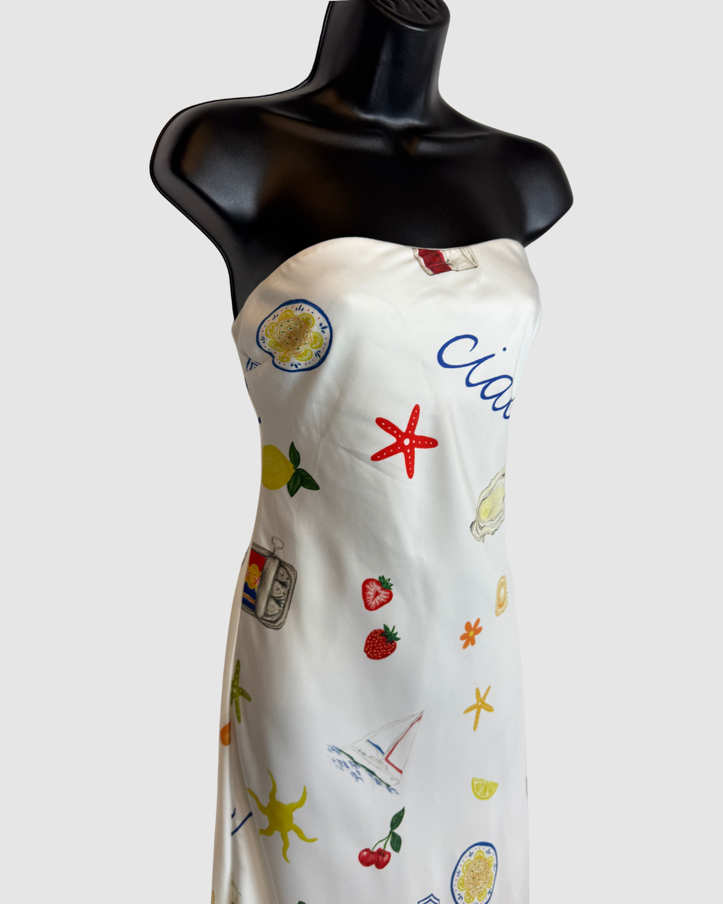 For Love & Lemons White Strapless Maxi Dress w/ Beach Themed Print NWT