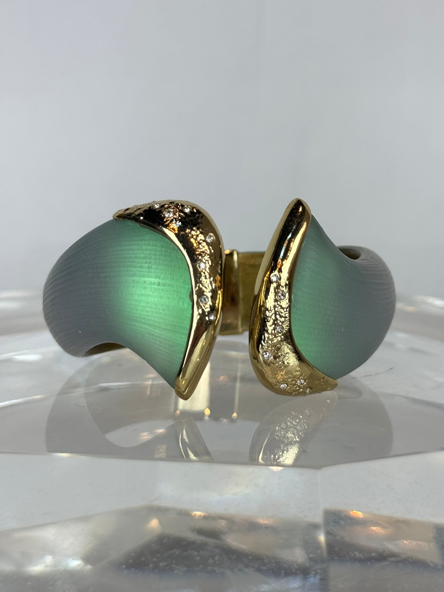 Alexis Bittar Soft Green Frosted Lucite 14K Gold Hinge Cuff Bracelet