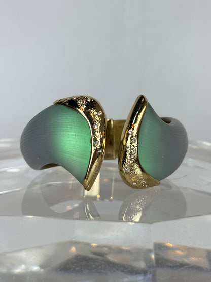 Alexis Bittar Soft Green Frosted Lucite 14K Gold Hinge Cuff Bracelet
