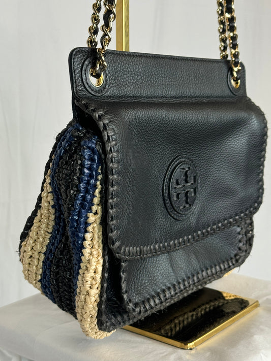 Tory Burch  Black Blue & Tan Woven Crossbody Bag w/ Black Leather Flap