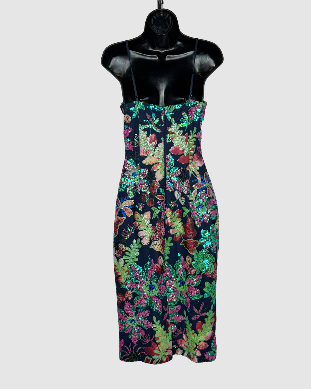 Ramy Brook Navy Mesh w/ Embroidered & Sequin Floral Print Spaghetti Strap Midi Dress NWT
