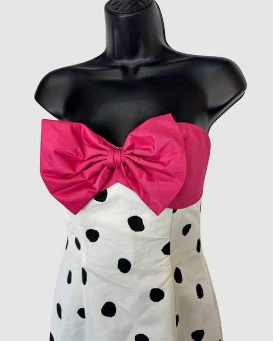 Jovani White Black Polka Dot Pink Bow Neckline Strapless Gown