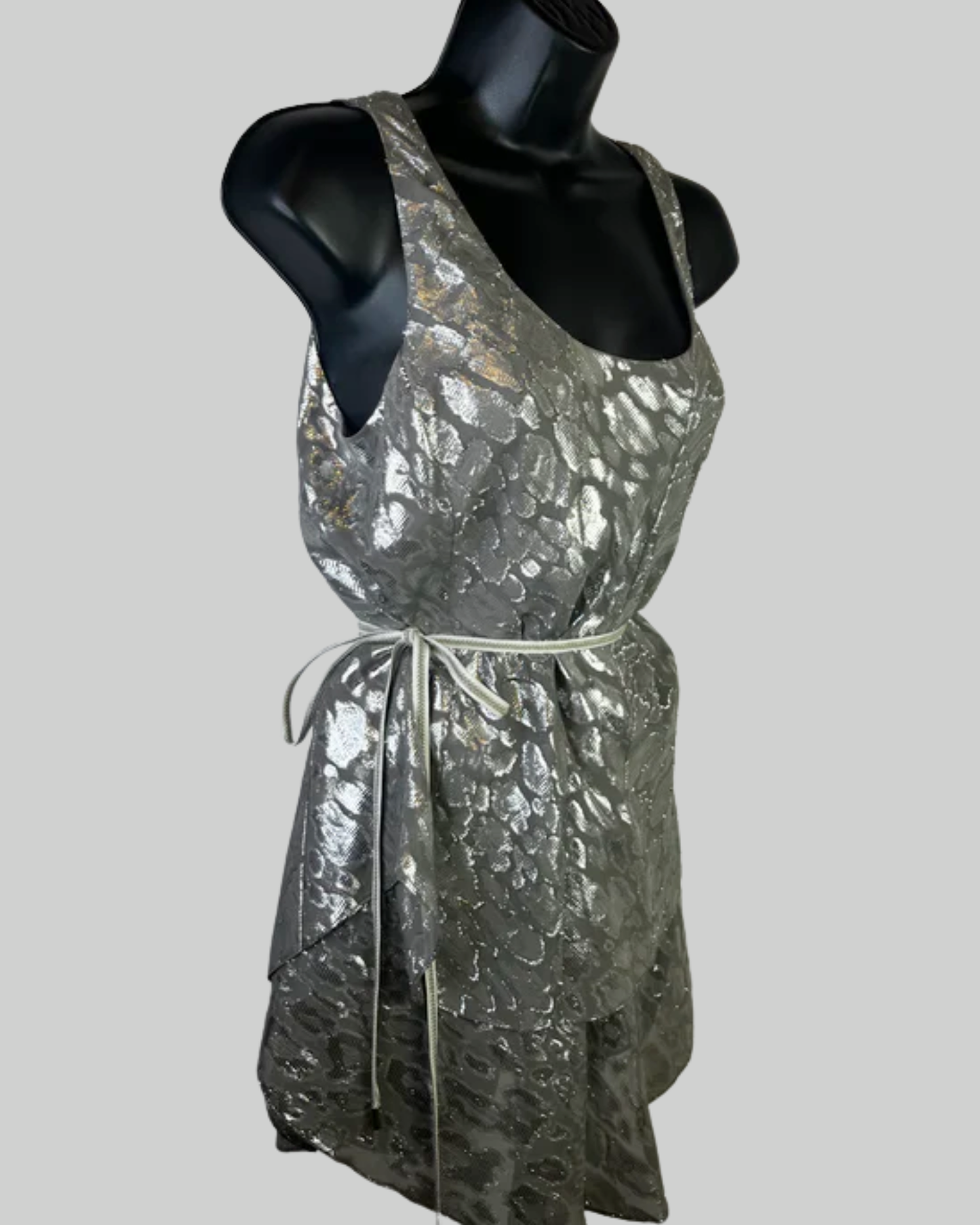 Etcetera Silk Grey & Silver Sleeveless Blouse w/ Waist Tie