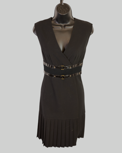 Tracy Reese Black Sleeveless Double Buckle Pleated Hem Knee-Length Dress