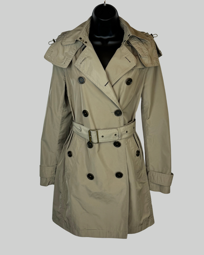 Burberry Brit Khaki Double Breasted Button Down Trench Coat w/ Removable Hood