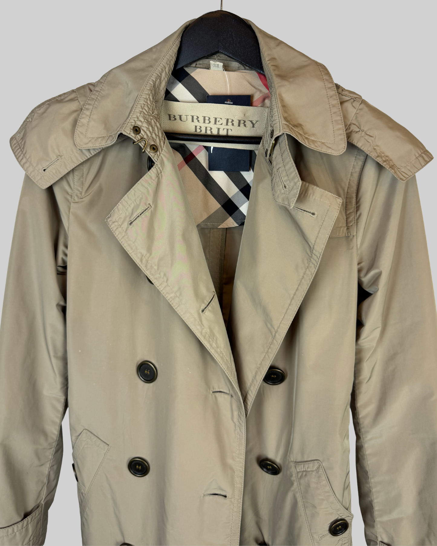 Burberry Brit Khaki Double Breasted Button Down Trench Coat w/ Removable Hood
