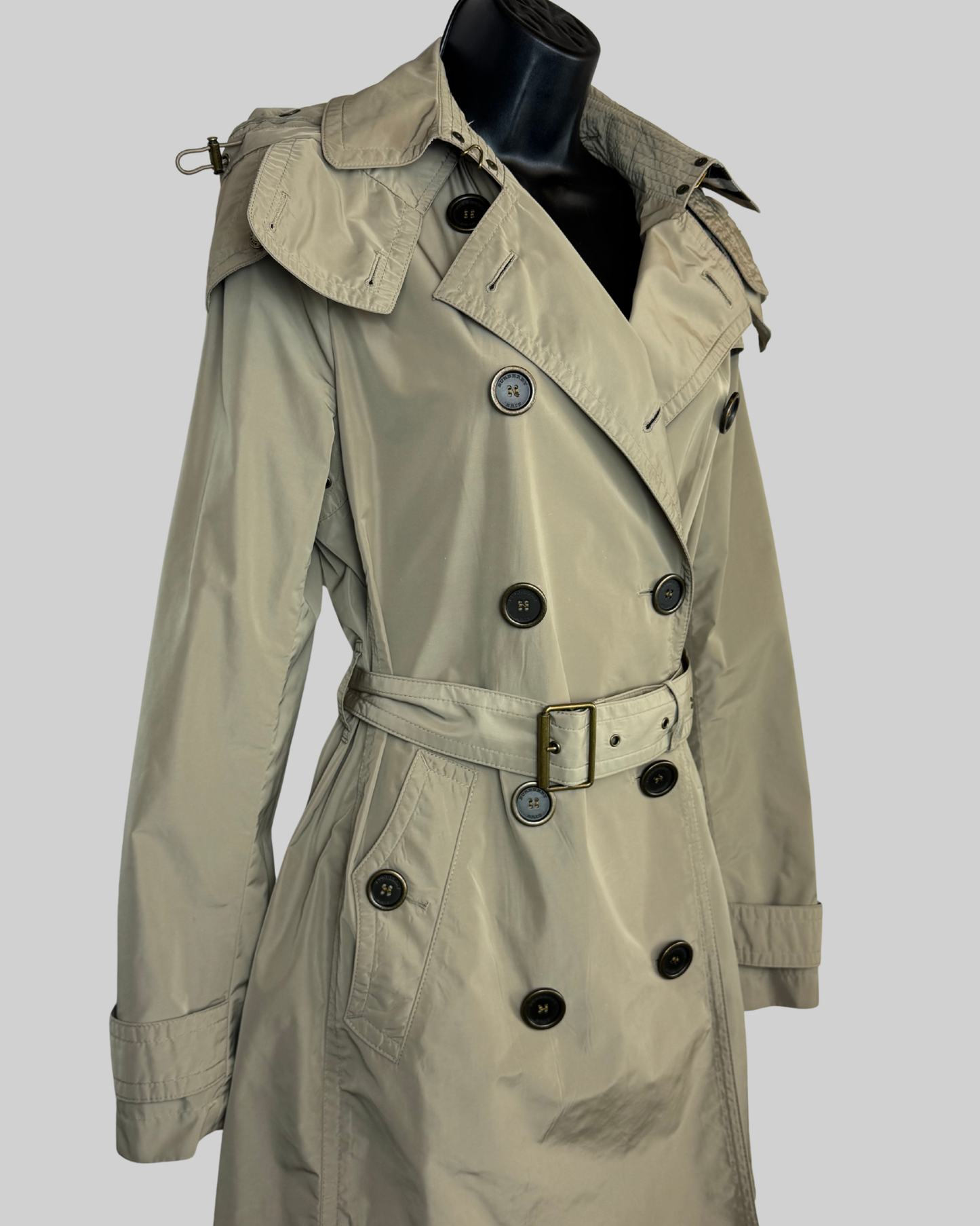 Burberry Brit Khaki Double Breasted Button Down Trench Coat w/ Removable Hood