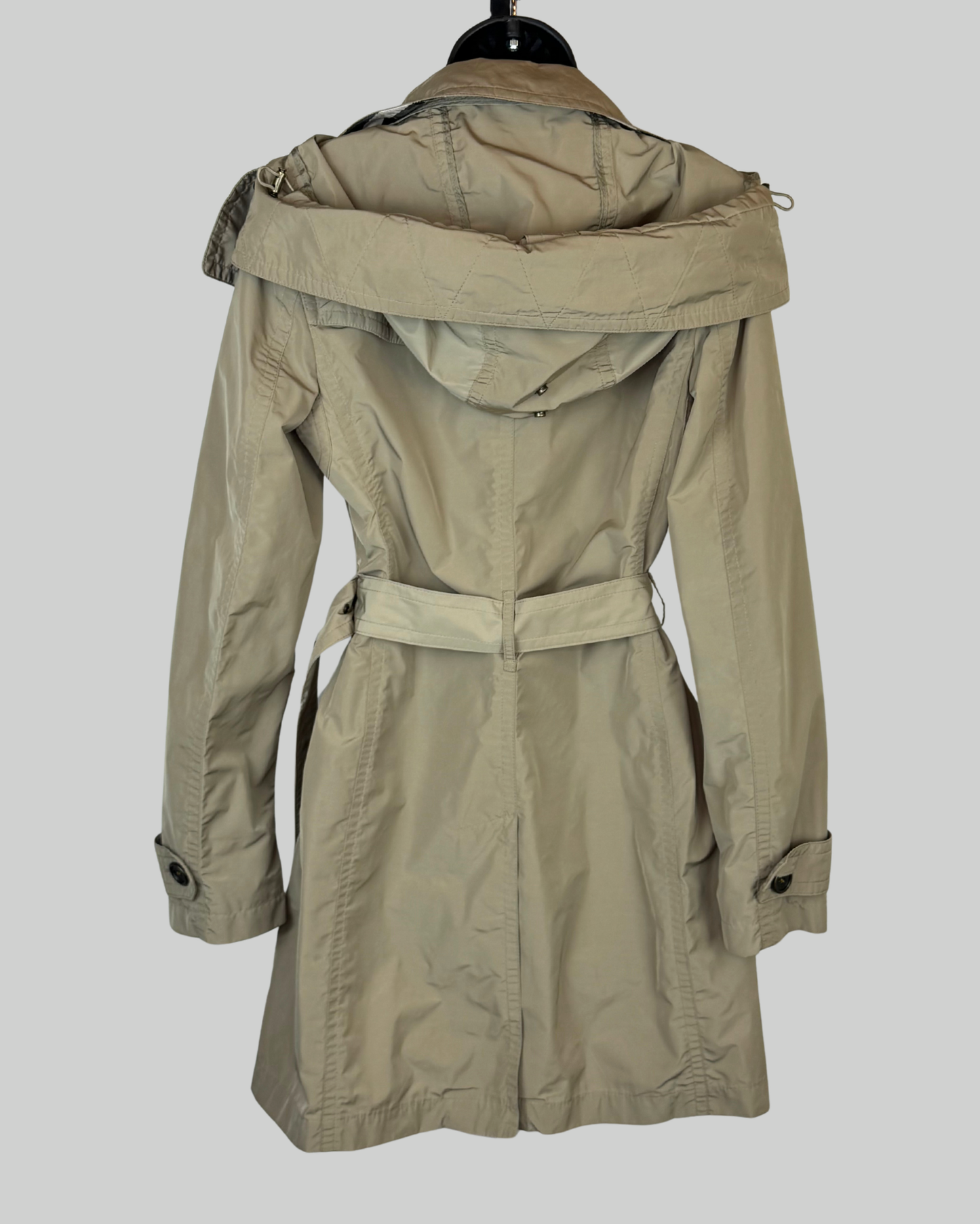 Burberry Brit Khaki Double Breasted Button Down Trench Coat w/ Removable Hood