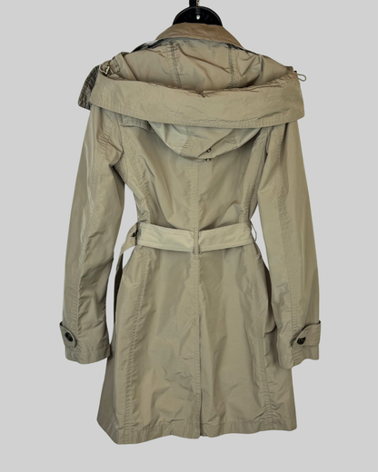 Burberry Brit Khaki Double Breasted Button Down Trench Coat w/ Removable Hood