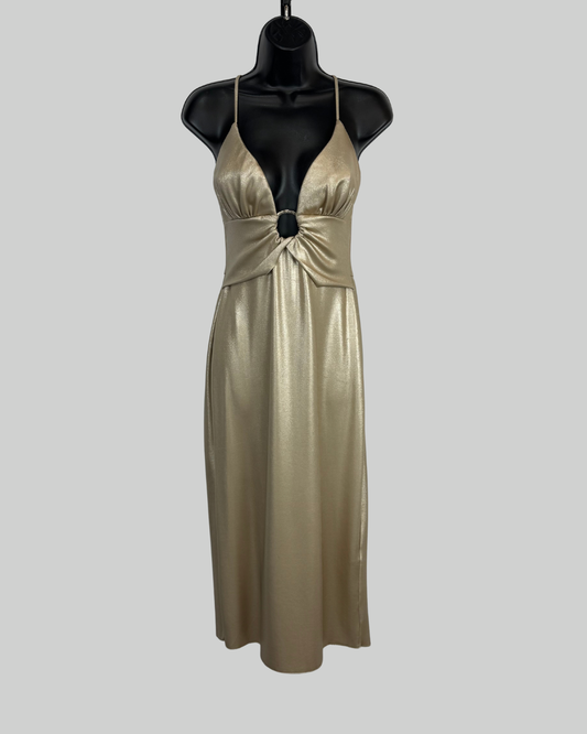 Chiara Boni Gold Shimmer V-Neck Circle Mid Sleeveless Midi Dress NWT