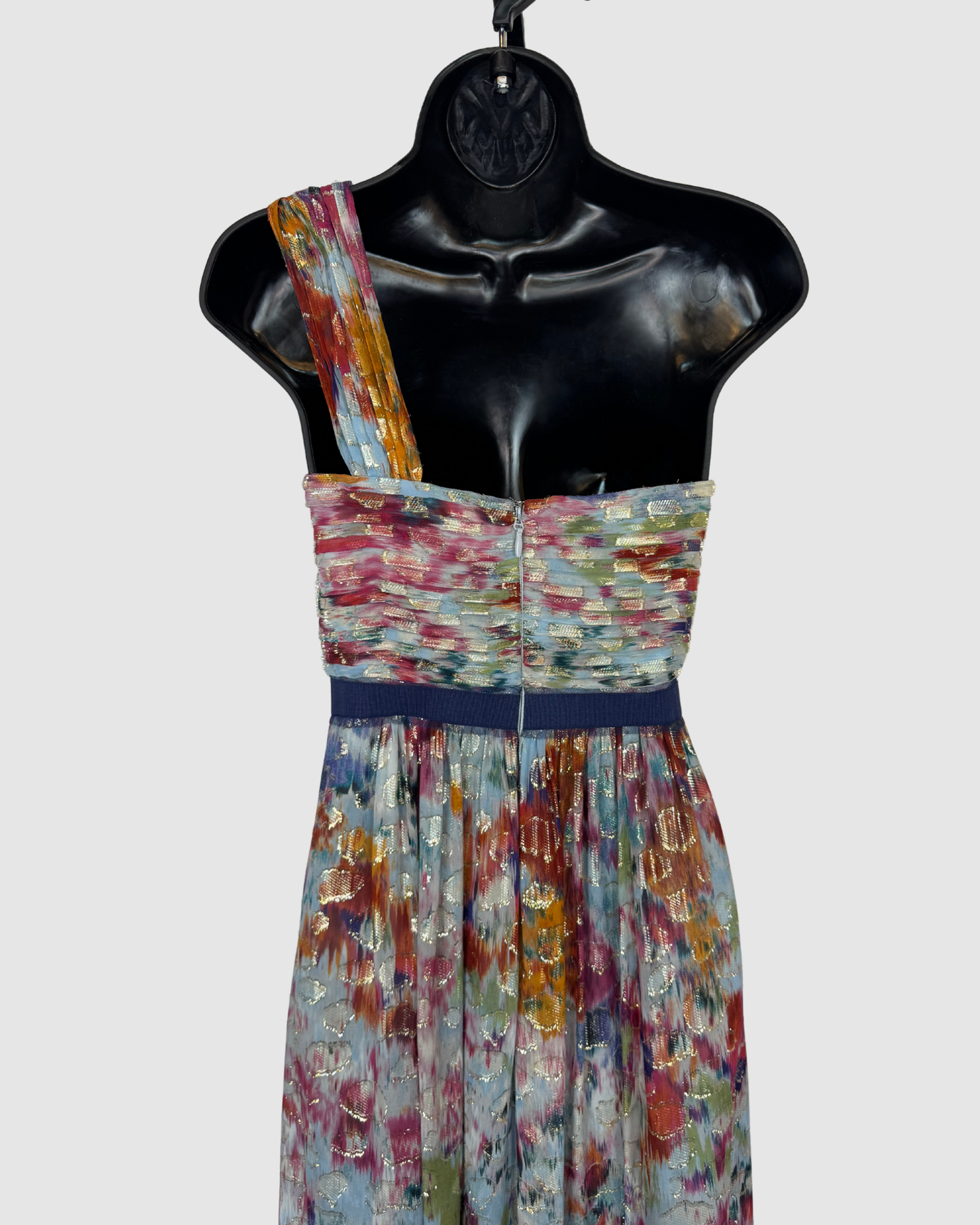 BCBGMaxazria Silk Multicolor Metallic One Shoulder Pleated Maxi Dress