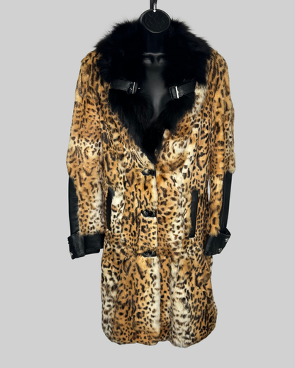 Red Moon Leather Black Collar Faux Fur Leopard Print Buckle Detail Button Up Coat w Belt