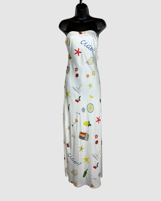For Love & Lemons White Strapless Maxi Dress w/ Beach Themed Print NWT