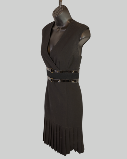 Tracy Reese Black Sleeveless Double Buckle Pleated Hem Knee-Length Dress