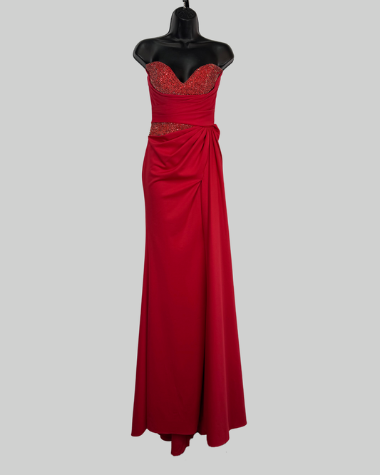 Jovani Red Crystal Strapless Gathered Pleated Drape Gown w High Slit