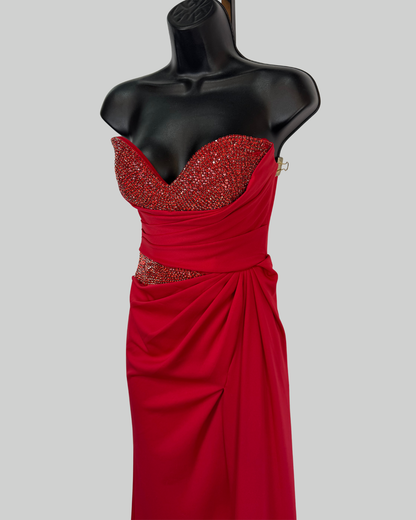 Jovani Red Crystal Strapless Gathered Pleated Drape Gown w High Slit