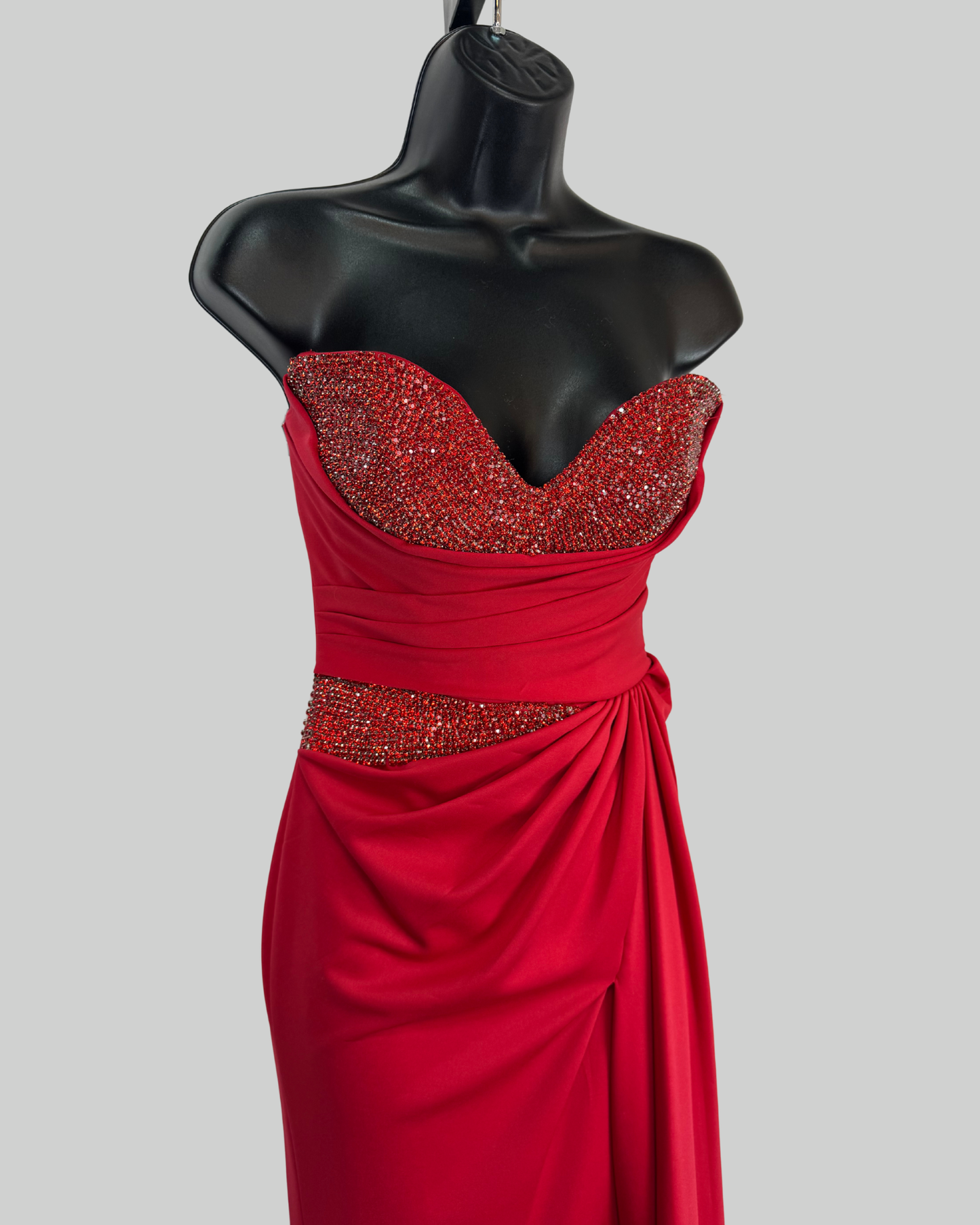 Jovani Red Crystal Strapless Gathered Pleated Drape Gown w High Slit