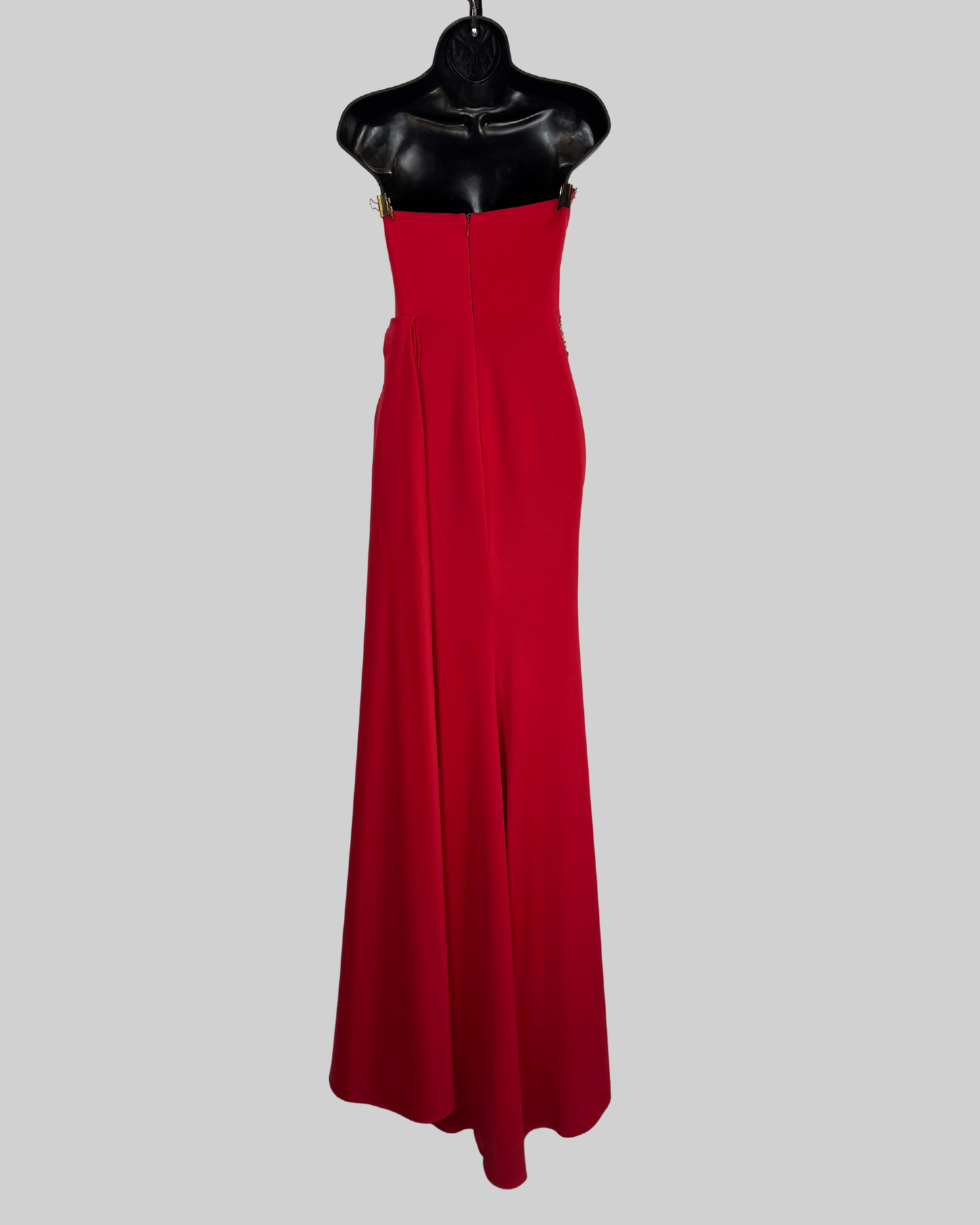 Jovani Red Crystal Strapless Gathered Pleated Drape Gown w High Slit