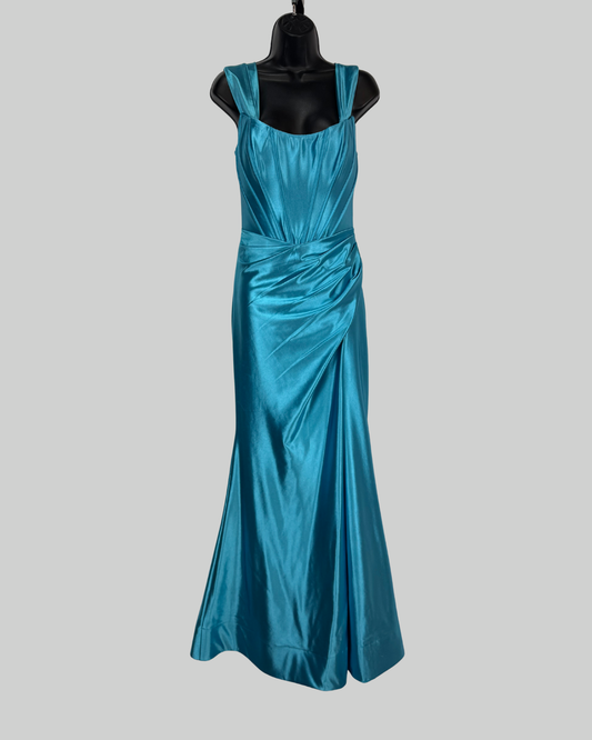 Sherri Hill Silk Light Blue Corset Sleeveless Drape Detail Asymmetrical Wave Mermaid Gown