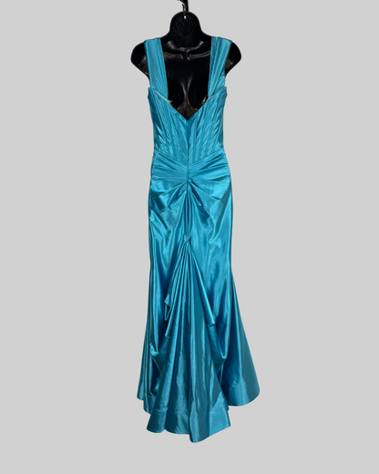 Sherri Hill Silk Light Blue Corset Sleeveless Drape Detail Asymmetrical Wave Mermaid Gown