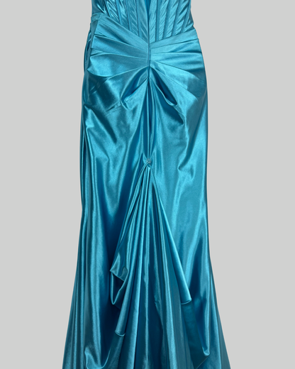 Sherri Hill Silk Light Blue Corset Sleeveless Drape Detail Asymmetrical Wave Mermaid Gown