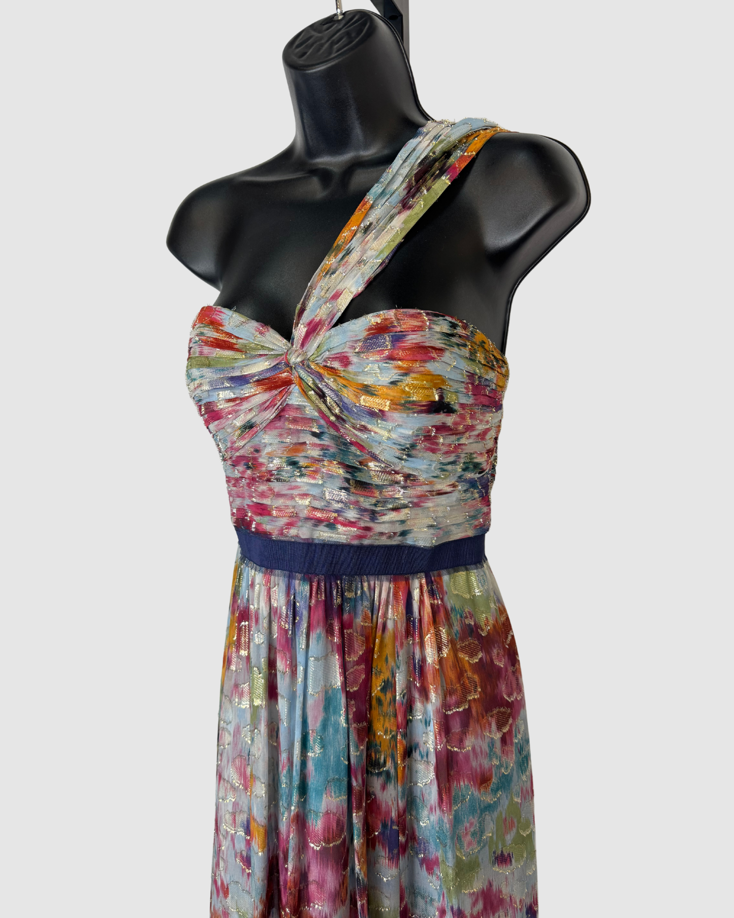 BCBGMaxazria Silk Multicolor Metallic One Shoulder Pleated Maxi Dress