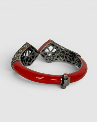 Matthew Campbell Laurenza Sterling Silver Red Cloisonné Enamel Hinged Bracelet w/ Blue Topaz